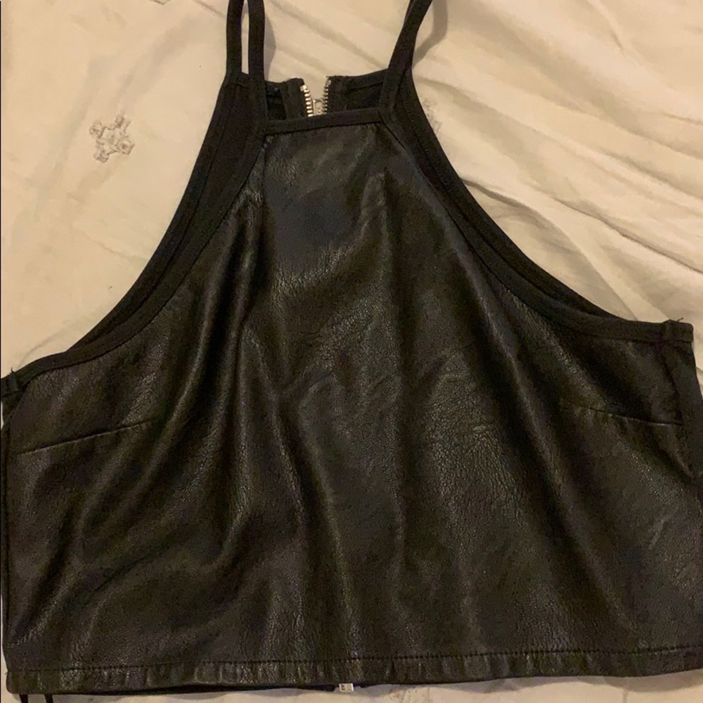 black leather crop top halter